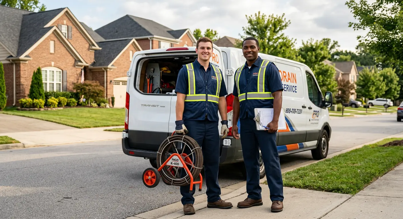 Sewer and drain service team with equipment ready for work in Horace