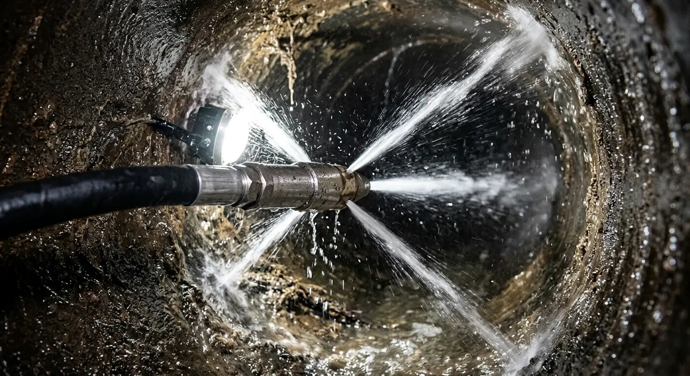 High-pressure hydro jetting nozzle cleaning sewer pipe for Sewer Cleanout in Horace