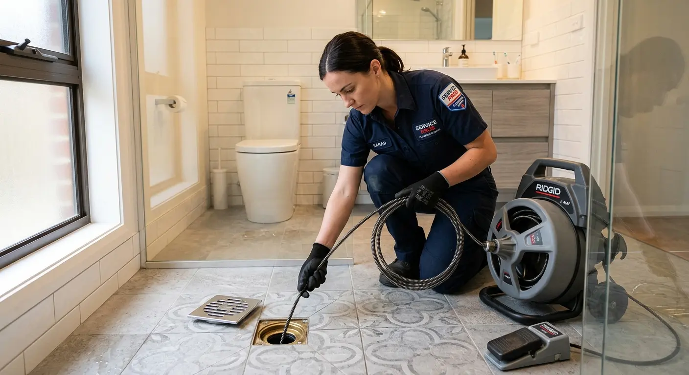 Technician clearing a bathroom floor drain for Sewer Line Replacement in Horace